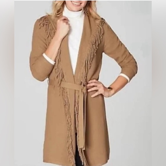 J. Jill Sweaters - J.Jill Fringe Long Duster, Waffle Knit, Belted, camel tan cardigan. Size Large